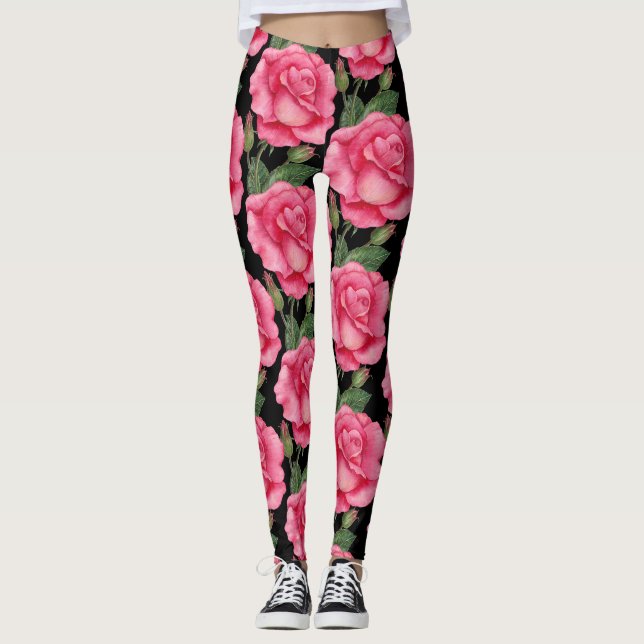Leggings Roses roses rose motif floral Arrière - plan noir (Devant)
