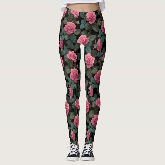 Leggings Roses roses sur motif floral noir (Devant)