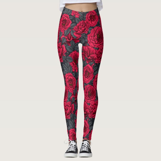 Leggings Roses rouges avec feuilles gris sur noir (Devant)