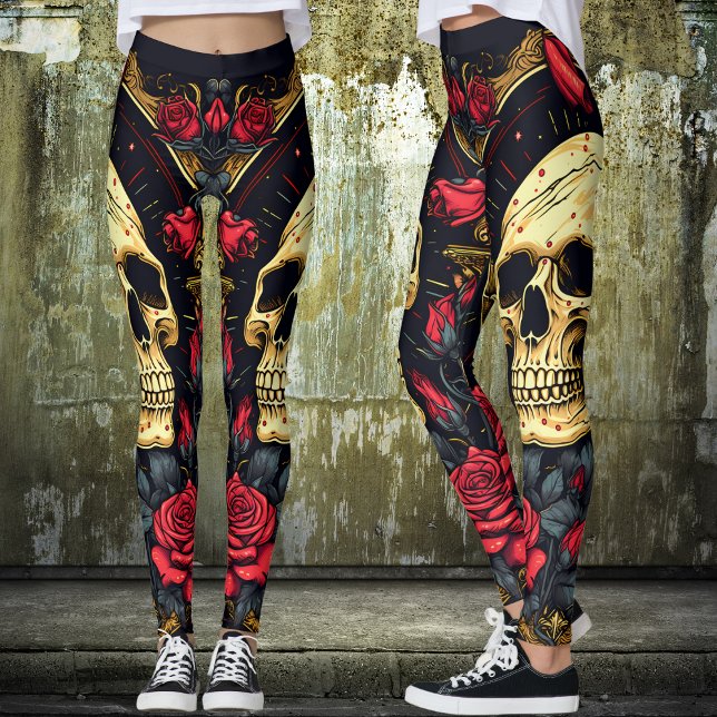 Leggings Roses rouges crâne gothique Halloween Yoga (Tattoo Skull and Roses Yoga Leggings Set the Mood for Halloween or any time of year.)