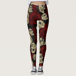 Leggings Roses Rouges & Crânes Floral Gothique Gris Noir