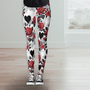 Leggings Roses Rouges et Cœurs Noirs Motif Romantique