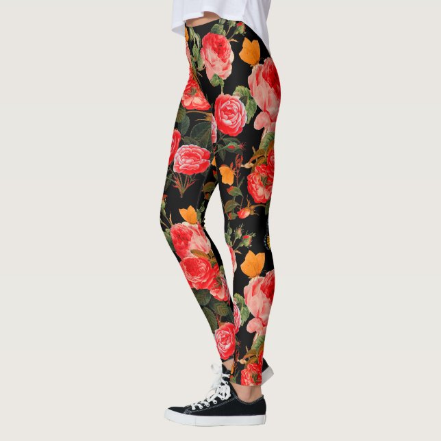 Leggings ROSES ROUGES ET PAPILLONS JAUNES Fleurs Noires (Gauche)