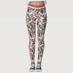 Leggings Roses Rouges Feuillues À Longues Tige Avec Bandes 