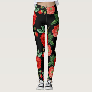 Leggings Roses rouges, fond noir,