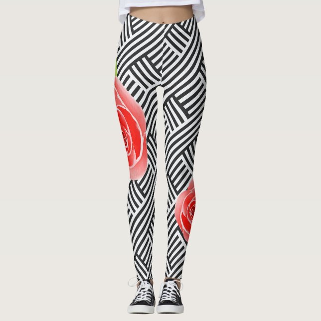 Leggings Roses Rouges Rayures Noires et Blanches (Devant)