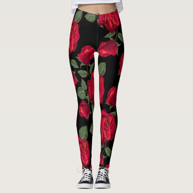 Leggings Roses rouges sur Arrière - plan noir (Devant)