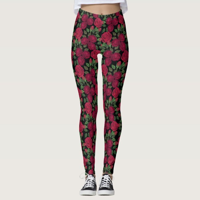 Leggings Roses rouges sur noir. (Devant)