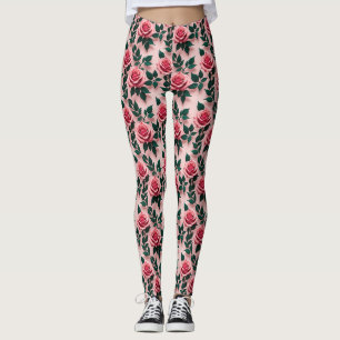 Leggings Roses rouges vives avec des feuilles vert foncé