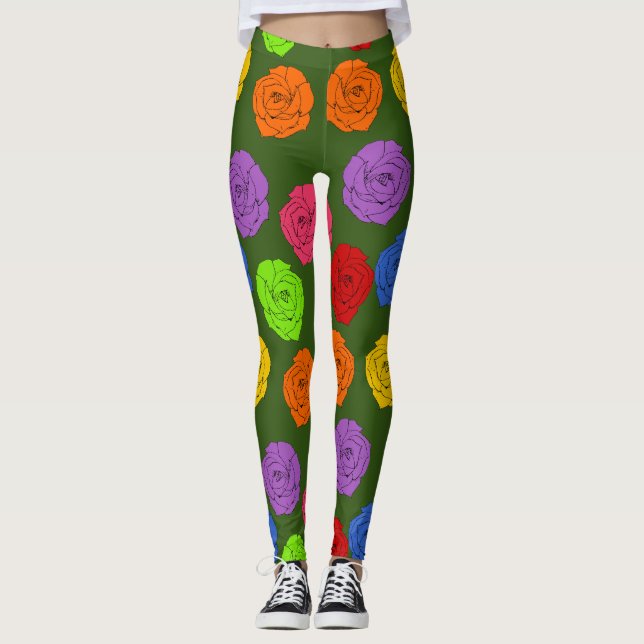 Leggings Roses vifs et colorés - Vert (Devant)
