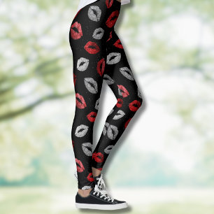 Leggings Rouge argenté pailleté Saint-Valentin sur fond noi