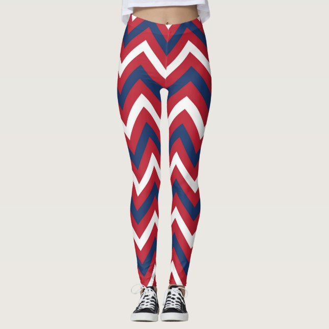 Leggings Rouge, Blanc Bleu Chevron (Devant)