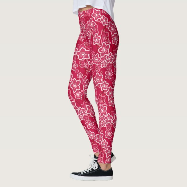 Leggings rouge blanc floral rustique mode motif rétro (Gauche)