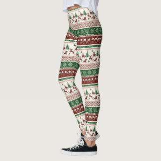 Leggings Rouge de Noël Vert Champagne Flocons de Neige Renn