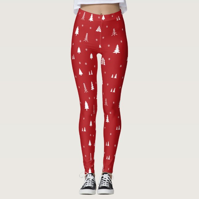 Leggings Rouge Et Blanc Arbre De Noël Flacons De Neige (Devant)