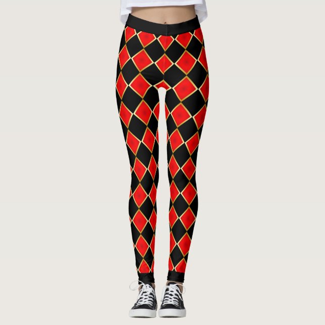 Leggings Rouge et noir avec Faux Gold Outline À damiers (Devant)
