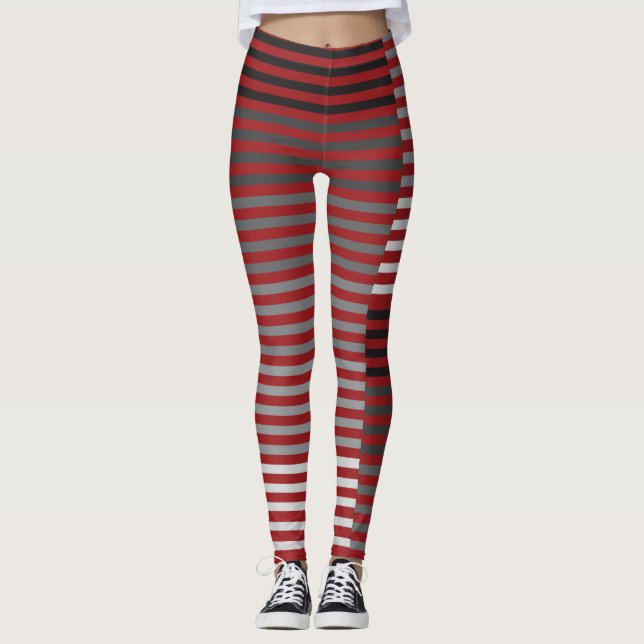 Leggings Rouge, Gris, Noir, Rayures Blanches (Devant)