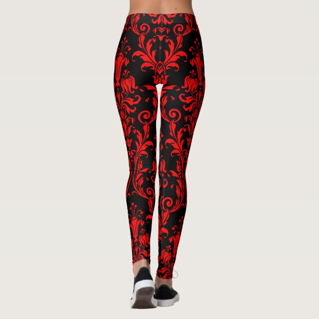 Leggings Rouge lave sur floral noir torsades Damask (Dos)