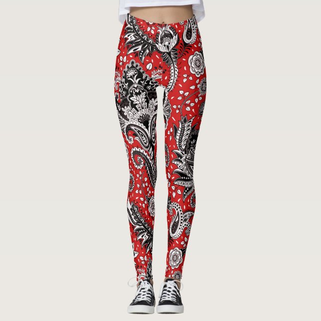 Leggings Rouge noir et blanc Floral Paisley Bohemian Boho (Devant)