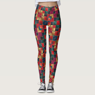 Leggings Rouge or et Carrés bleus