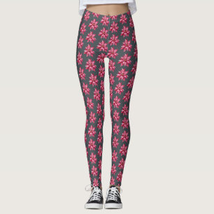 Leggings Rouge Poinsetta Motif Floral Noël Noir