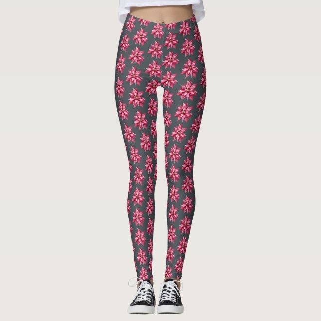 Leggings Rouge Poinsetta Motif Floral Noël Noir (Devant)