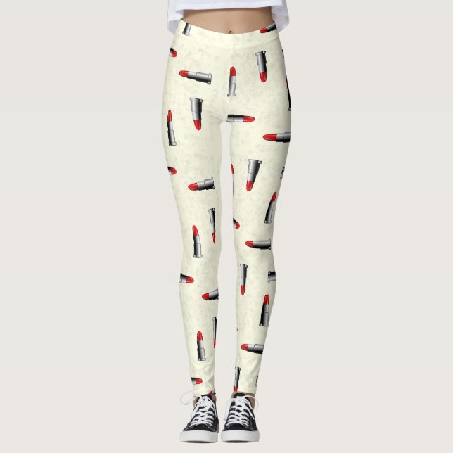 Leggings Rouge rouge à lèvres sur motif jaune (Devant)