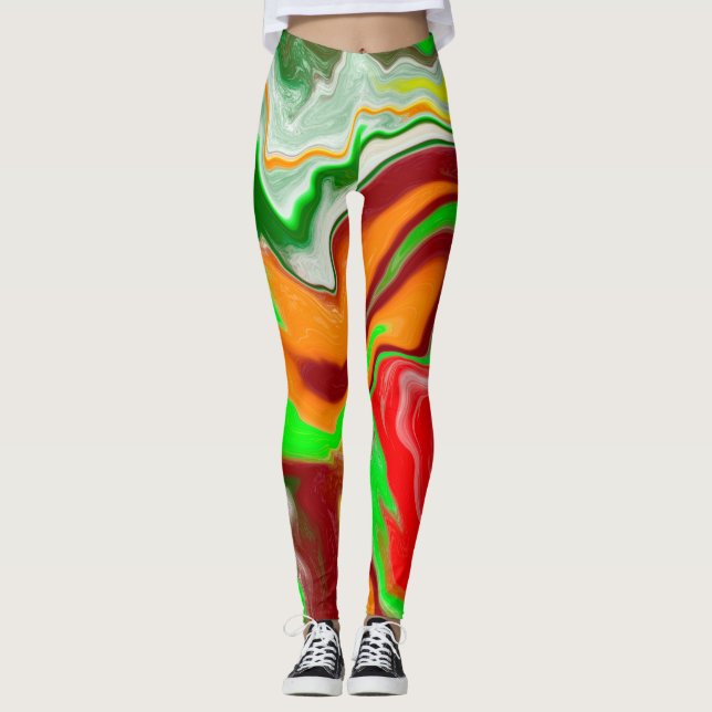 Leggings Rouge, Vert, Bourgogne Marbre Coloré Fluid Art (Devant)