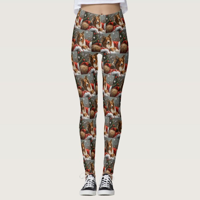 Leggings Rough Collie Chien Festif de Noël (Devant)