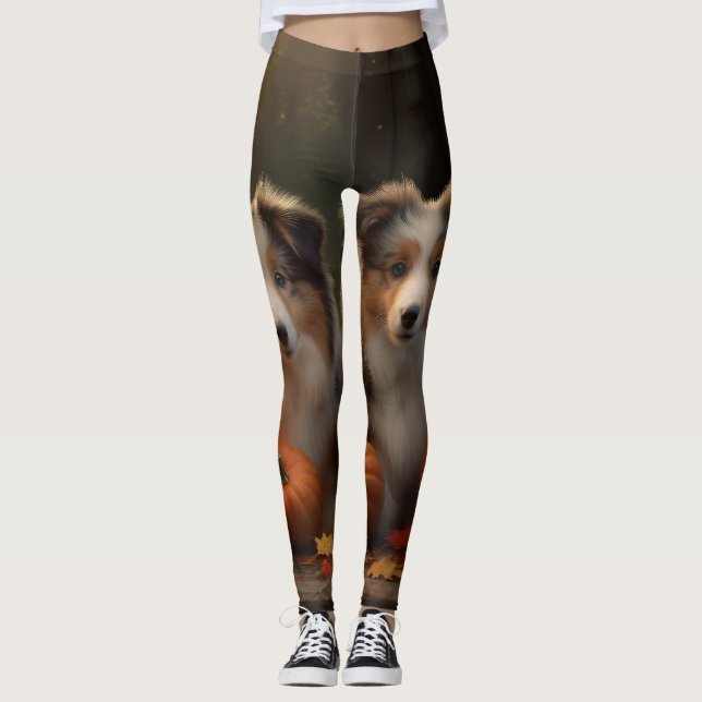 Leggings Rough Collie Puppy Automne Citrouille de plaisir (Devant)