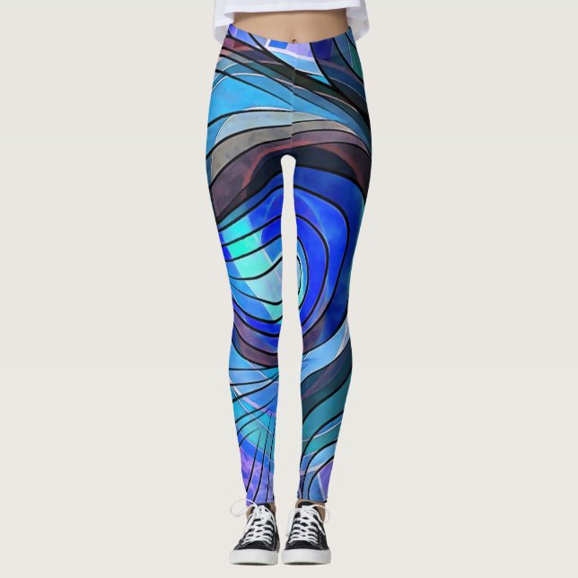Leggings Royal Blue and Aqua Doodle With Black Lines (Devant)
