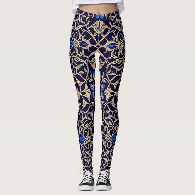 Leggings Royal Blue & Gold Floral Elegance Pattern (Devant)