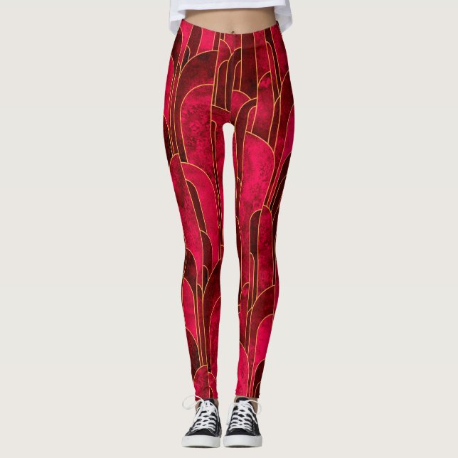 Leggings Royal Red and Gold Art Déco Motif (Devant)