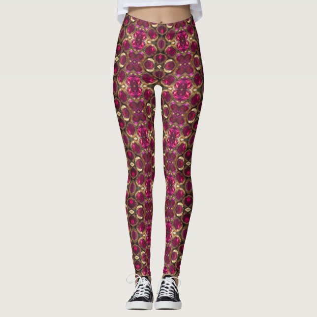 Leggings Ruby Red Pink Gold Gemstone Motif Élégant Chic (Devant)