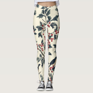 Leggings Rustic Bird et Poinsettia Motif de Noël (18)