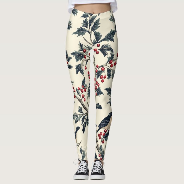 Leggings Rustic Bird et Poinsettia Motif de Noël (18) (Devant)