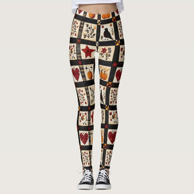 Leggings Rustic Fall Quilt Motif | Patchwork agricole (Devant)