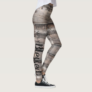 Leggings rustique chic SIMPLY BLESSED script sur bois d'éco