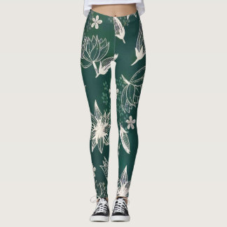 Leggings Rustique Vert Blanc Botanique Fleurs sauvages Blos