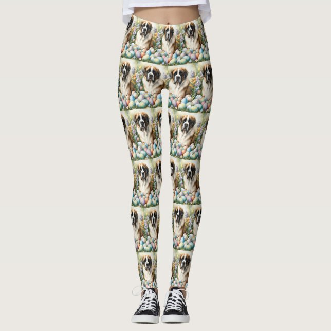 Leggings Saint Bernard Chien avec Oeufs de Pâques Vacances (Devant)