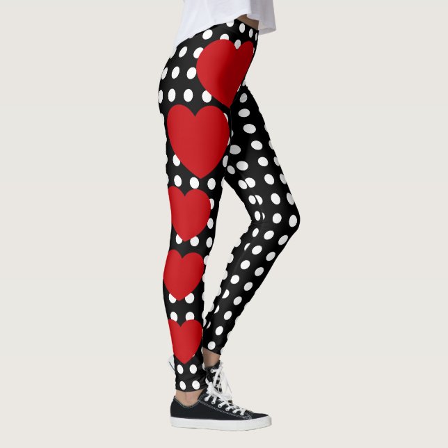 Leggings Saint Valentin Coeurs rouges Noir Blanc Polka Poin (Droite)