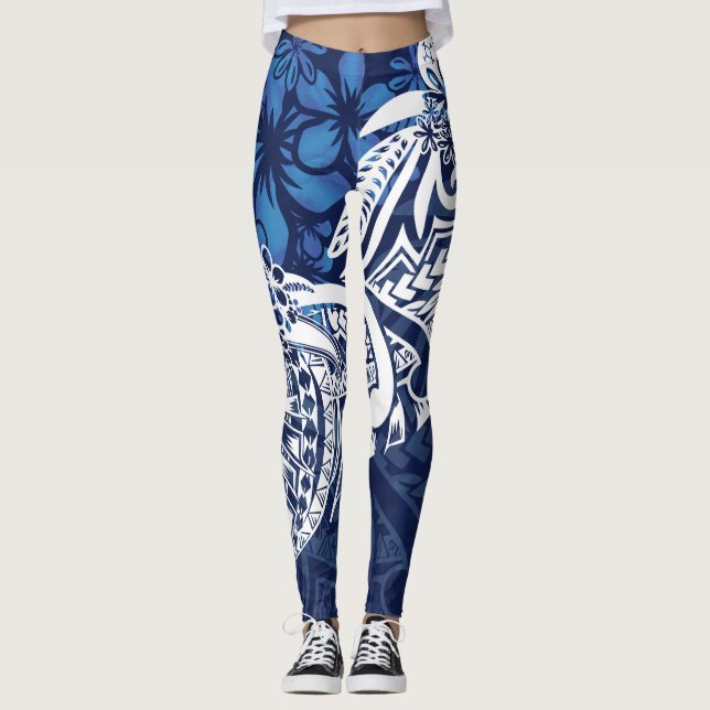 Leggings Samoan - Hawaïen - Tribal bleu polynésien Imprimer (Devant)