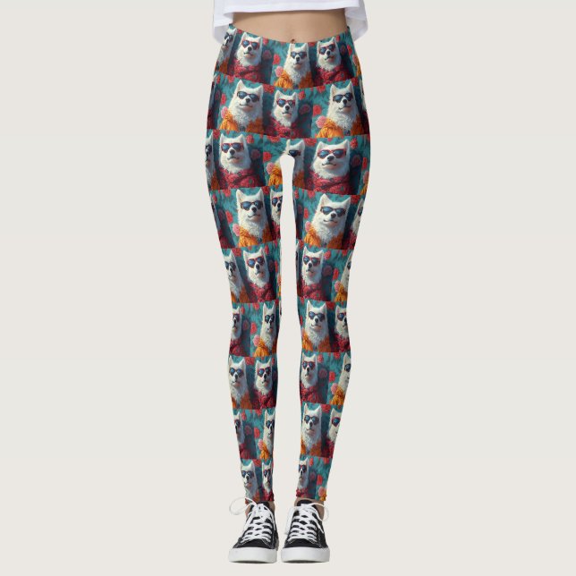 Leggings Samoyed avec Roses de coeur Saint Valentin (Devant)