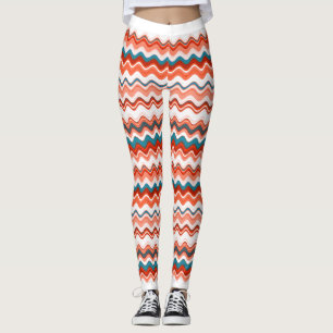 Leggings Saumon de corail Orange Blue Wavy Zigzag Motif