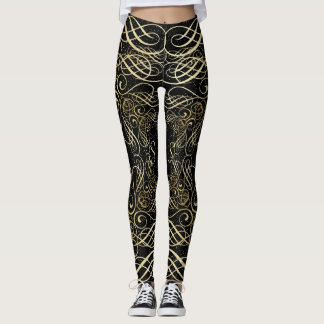 Leggings Scrollwork d'or Foil Script sur Black Elegant