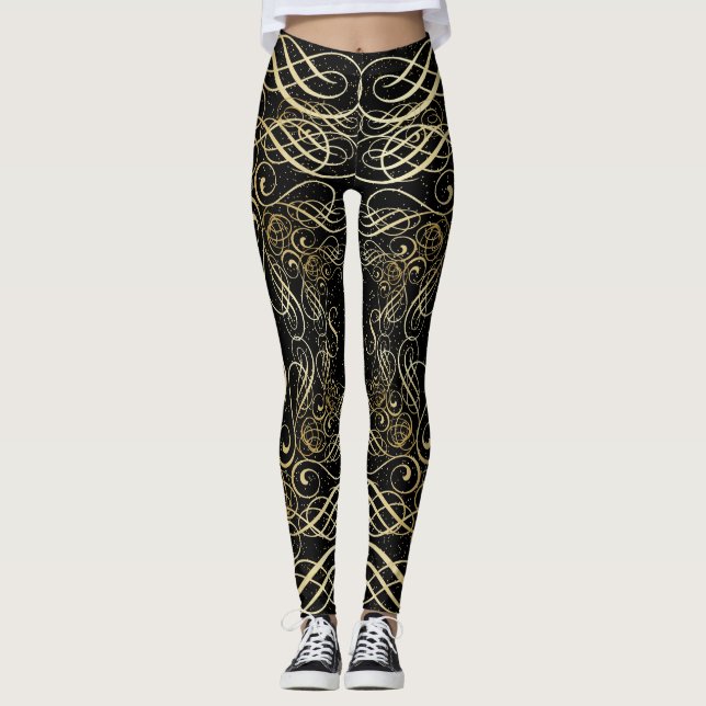 Leggings Scrollwork d'or Foil Script sur Black Elegant (Devant)