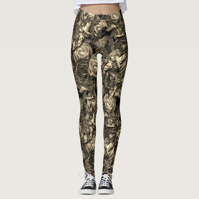 Leggings Sepia Death Head Hawk Moths Goth Raven avec Roses (Devant)
