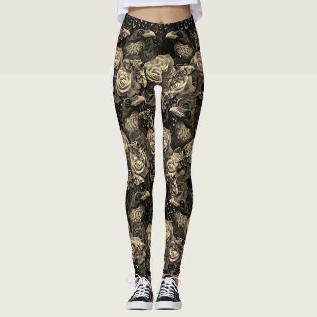 Leggings Sepia Raven Evermore avec Roses et Hawkmoths (Devant)