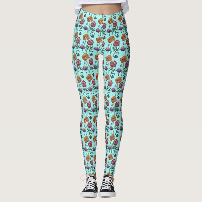 Leggings Shabby Poppy Red Purple sur Aqua Turquoise Art (Devant)