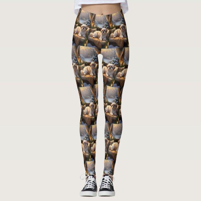 Leggings Shih Tzu avec les lumières de Noël (Devant)